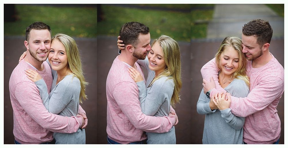 Couple embracing, smiling in various poses. Man in pink shirt, woman in gray sweater, outdoor setting.