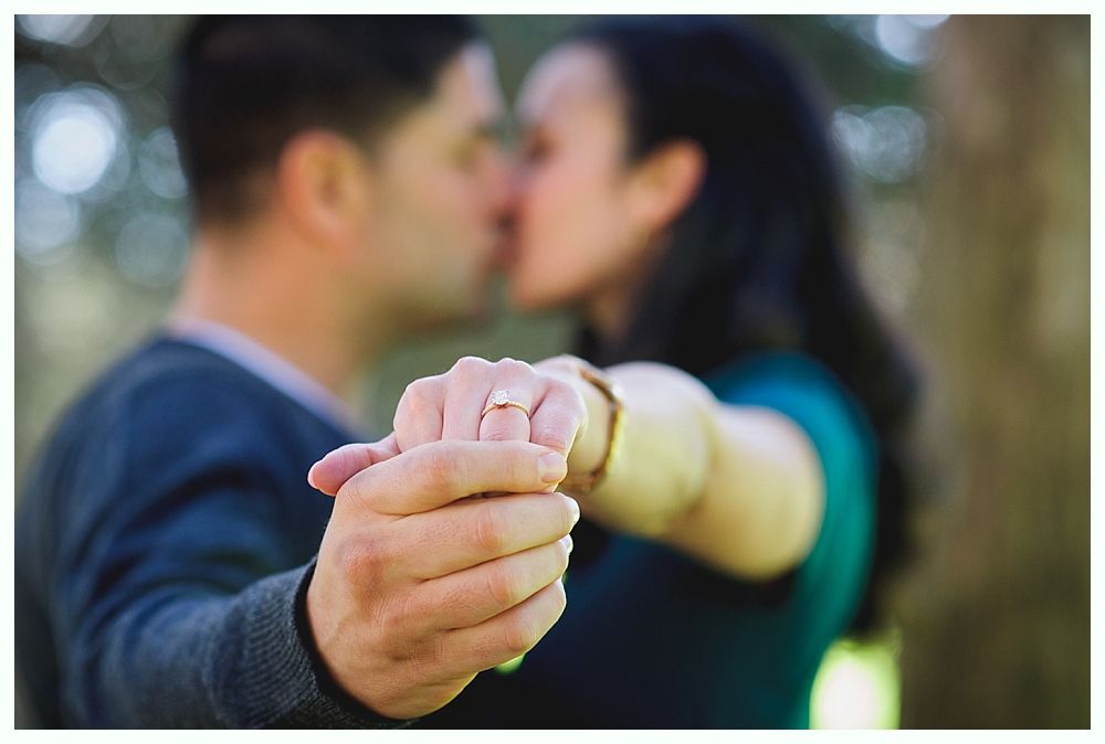 Couple kissing, holding hands; engagement ring visible.