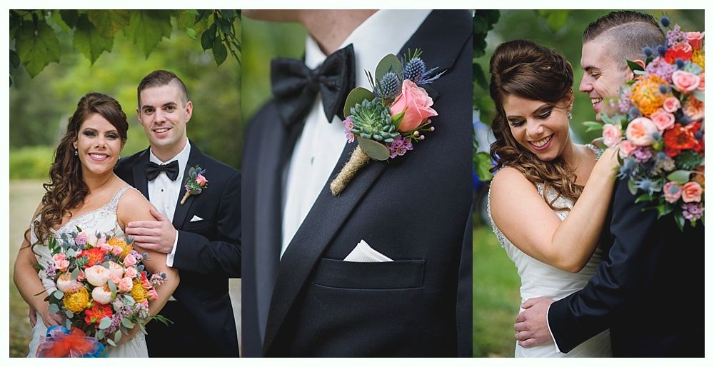 Wedding collage: Couple in formal attire, smiling. Groom's tuxedo detail with boutonniere. Bouquet of colorful flowers.