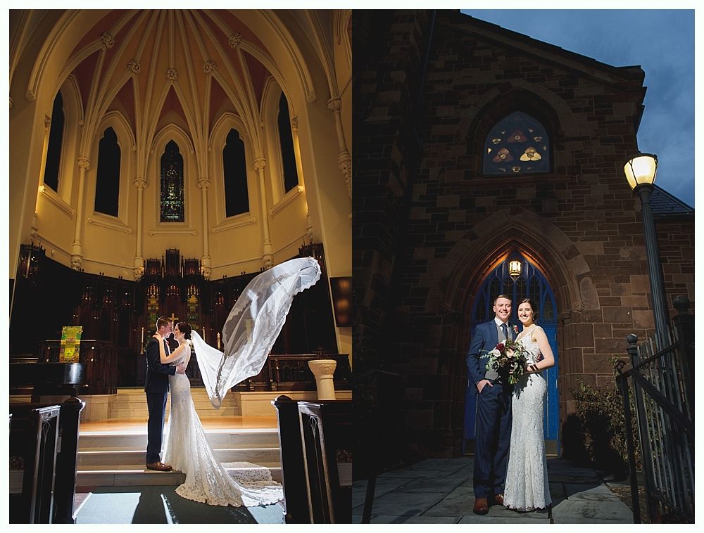 Wedding photos: Couple kissing inside church, veil billowing; couple standing outside at night.