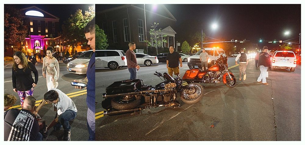 Motorcycle crash scene at night. People on the road near a damaged motorcycle and emergency vehicles.