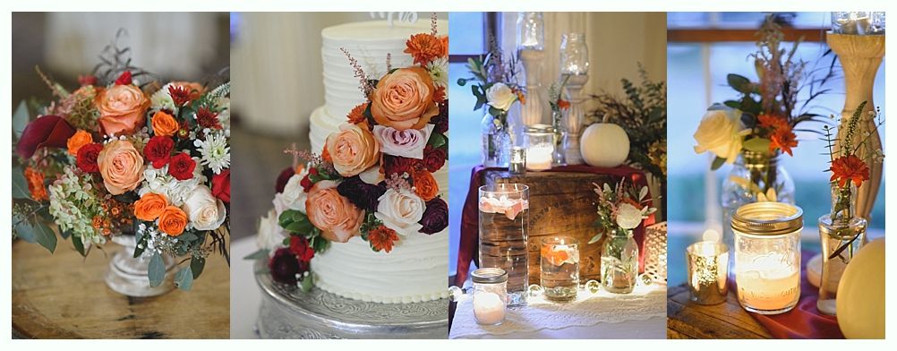 Wedding decorations: flower bouquet, cake, candles, floral arrangements.