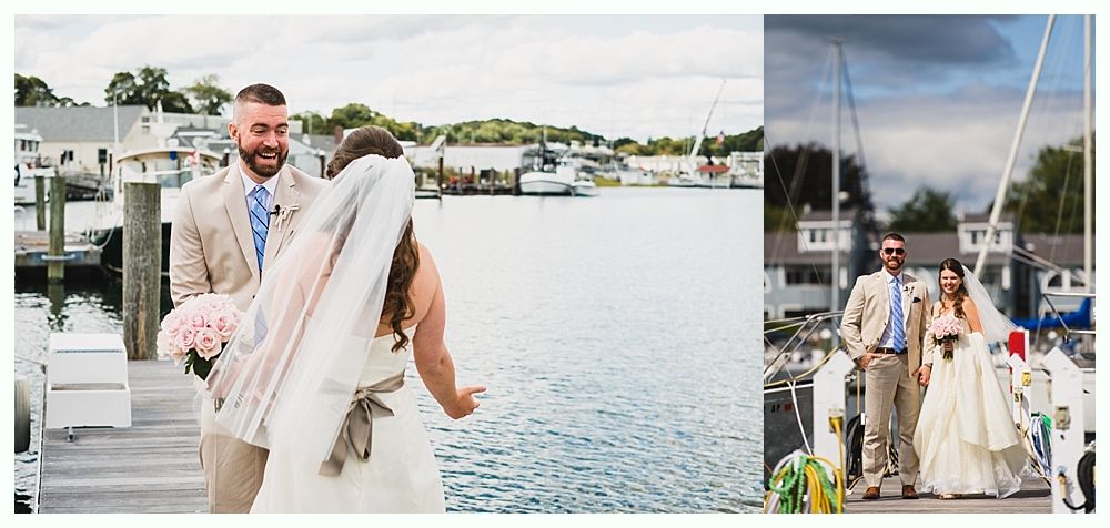 Bride and groom on a dock near the water, preparing for a wedding.