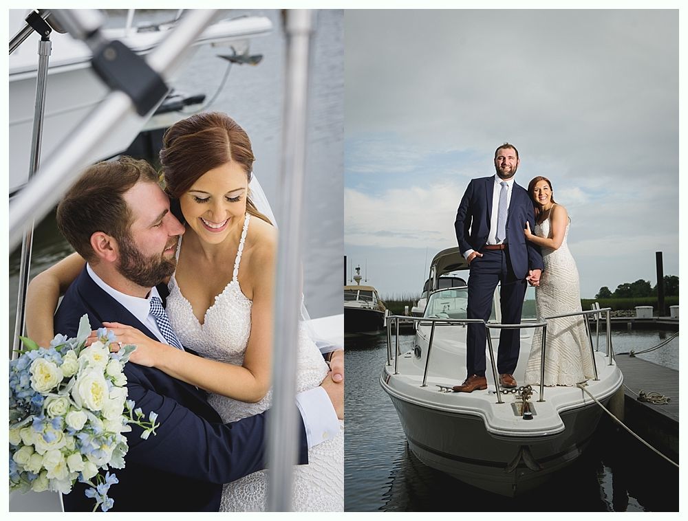 Bride and groom on boat. He hugs her close, smiling. On the right, they pose, groom standing, bride leans on him.