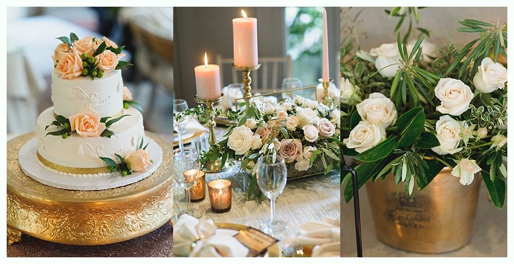 Wedding decor: cake, floral centerpiece, and flowers in gold vase with candles.
