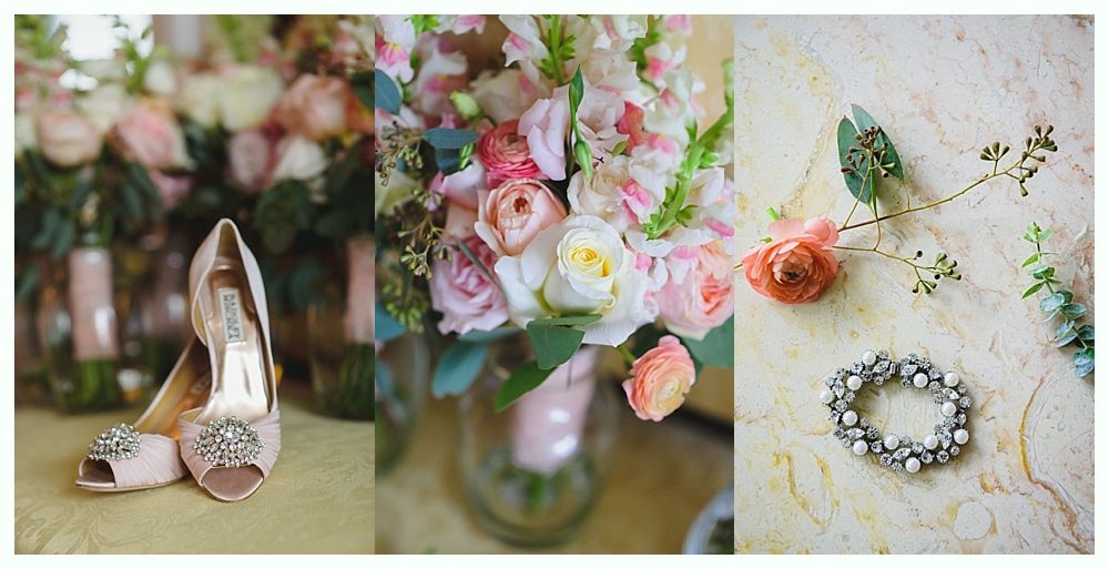 Wedding details: pink heels, bouquets, flowers, and a pearl bracelet.