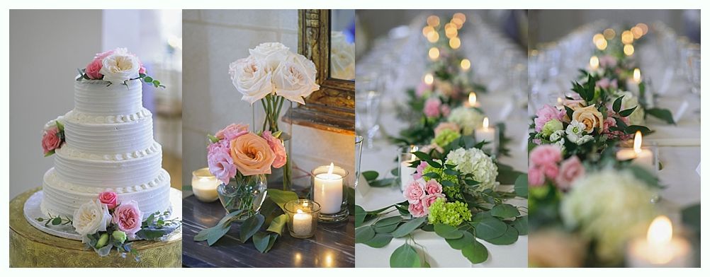 Wedding cake and floral arrangements with candles.
