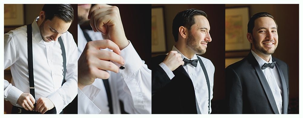 Man in white shirt and black suspenders adjusting cufflinks and bow tie, smiling.