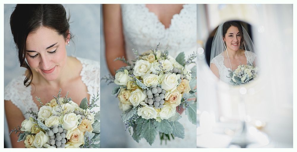 Bride holding bouquet of light-colored roses, shown from multiple angles.