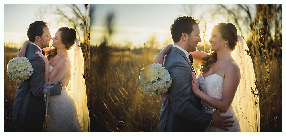 A newlywed couple embraces in a field, lit by a golden sunset.