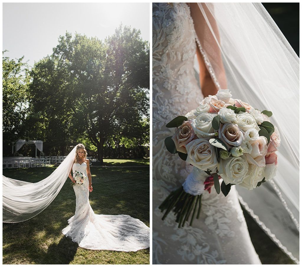 Bride in a lace dress with veil, holding a bouquet. Outdoors, sunny.
