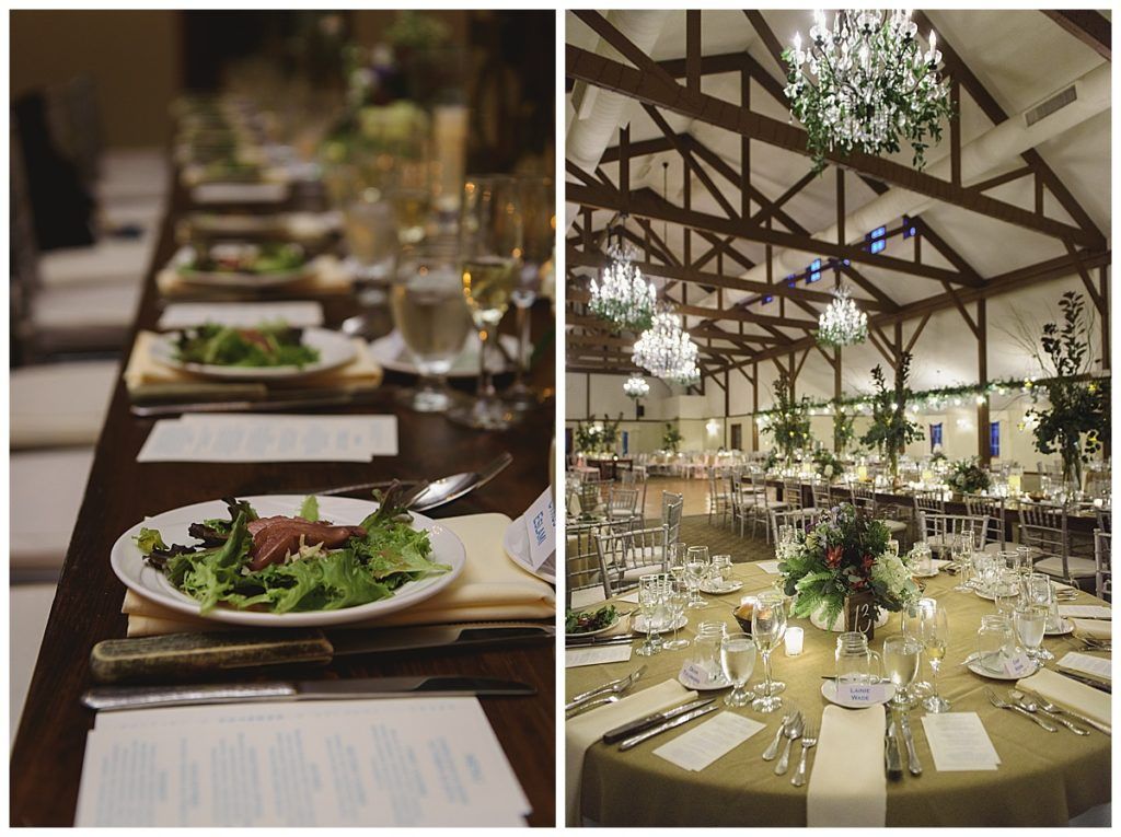 Two wedding reception setups: a long table with salad plates, and a round table with chandeliers.