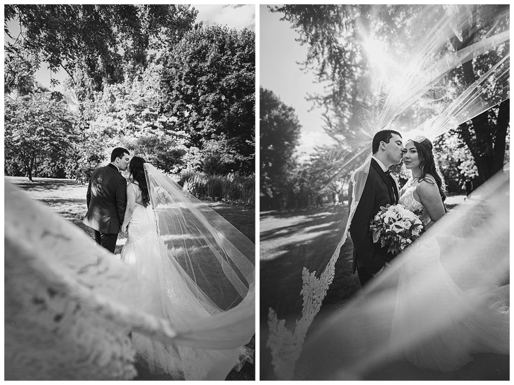 Wedding couple kissing outdoors, veil in foreground, sun shining through trees.