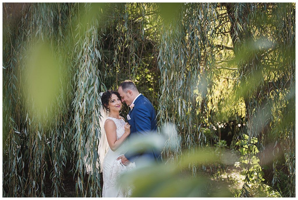 Bride and groom embrace beneath a weeping willow, soft light.