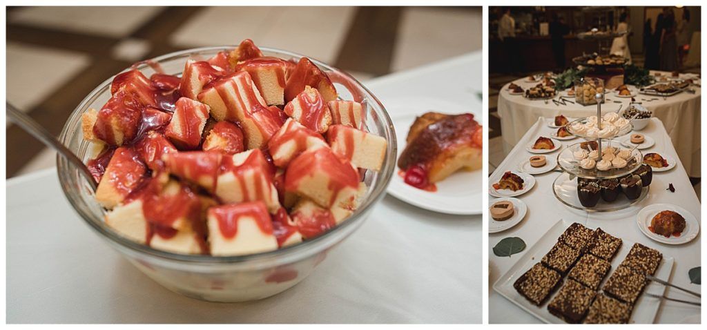 Two food displays: a bowl of fruit with sauce and a table of pastries.