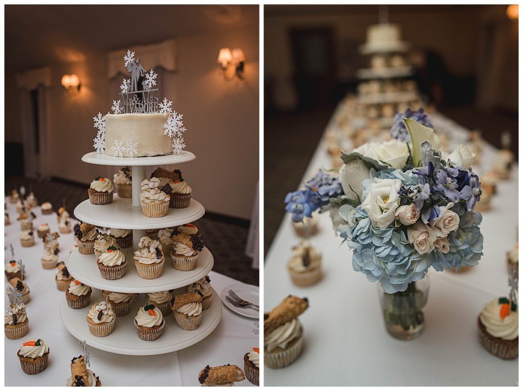 Wedding dessert table with cupcakes, tiered cake, and bouquet.