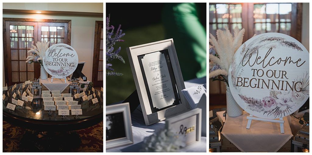 Wedding decor with welcome signs and card table.
