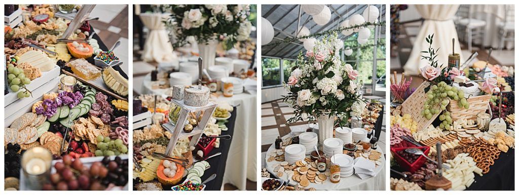 Four photos of charcuterie boards and floral centerpieces at an event, with white linens and outdoor setting.