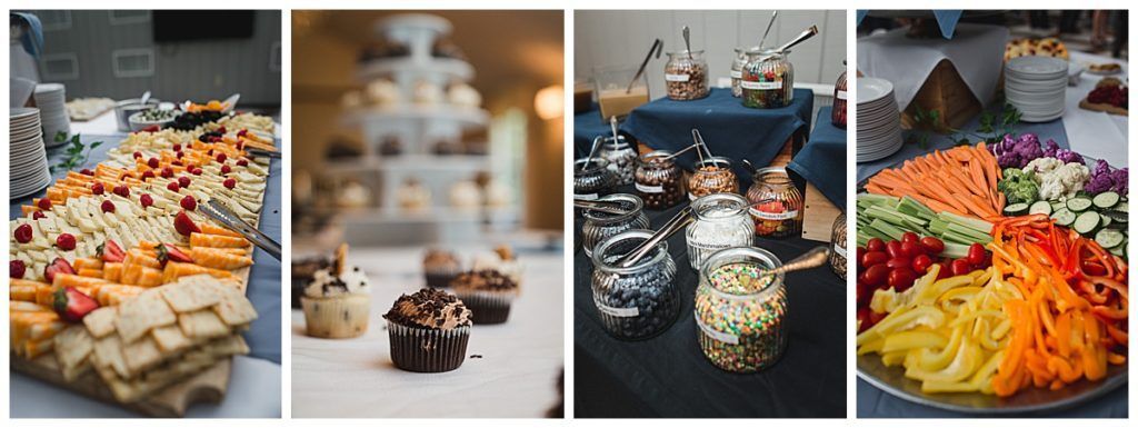Four photos of food: cheese and crackers, muffins, jars of food, and vegetables.