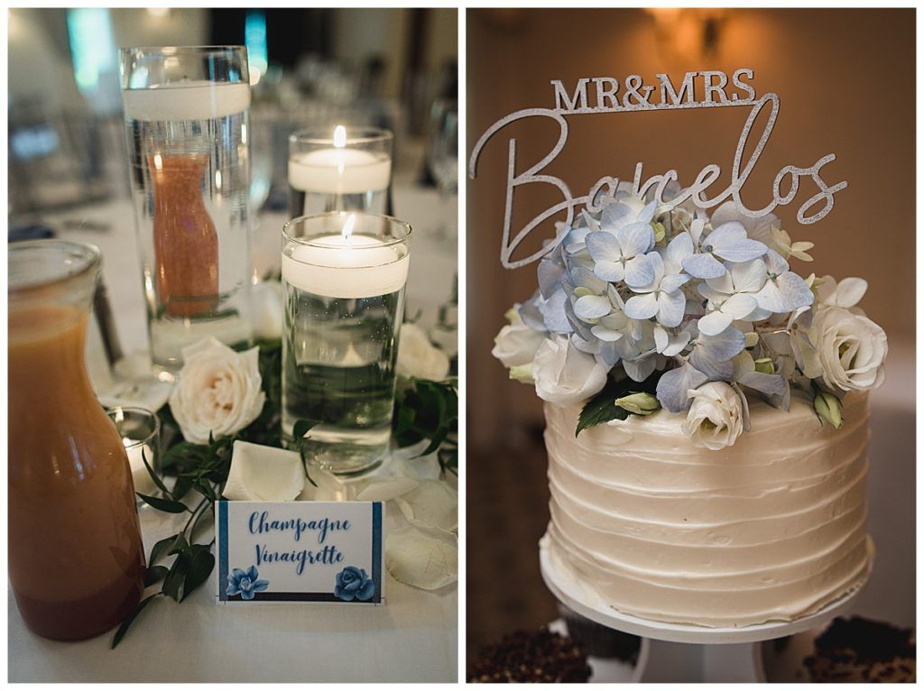 Wedding table setting with candles, flowers, and cake with 