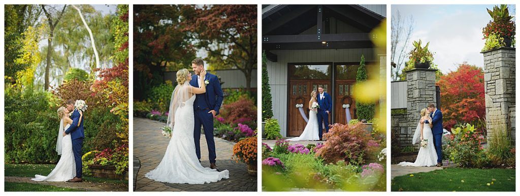 Four wedding photos: a couple embracing in various outdoor settings with colorful foliage.