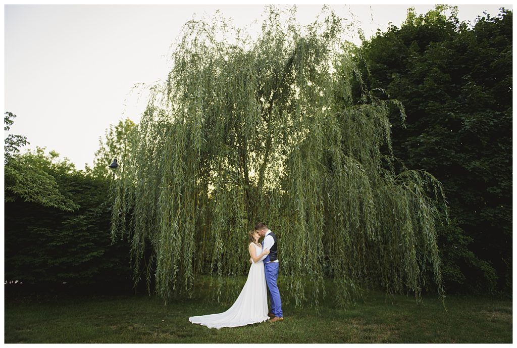 Couple kissing under a large weeping willow tree; woman in wedding dress, man in blue pants.