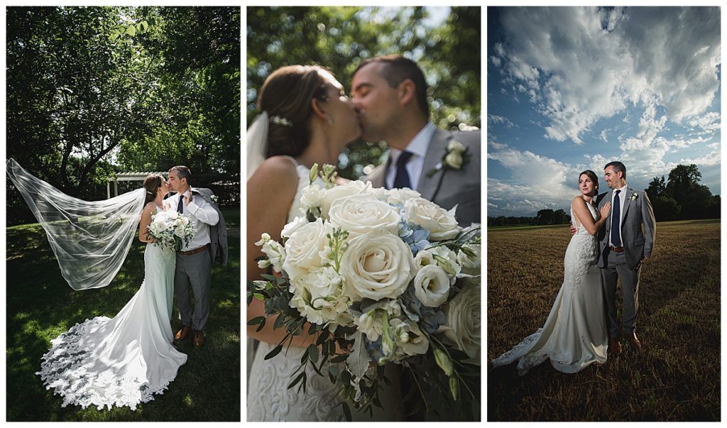Wedding couple kissing, wearing formal attire, outdoors under trees and field.
