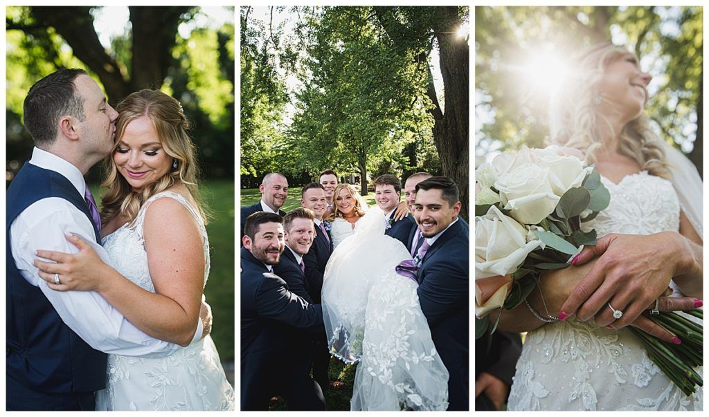 Three wedding photos: couple embracing, wedding party under trees, bride smiling with bouquet.