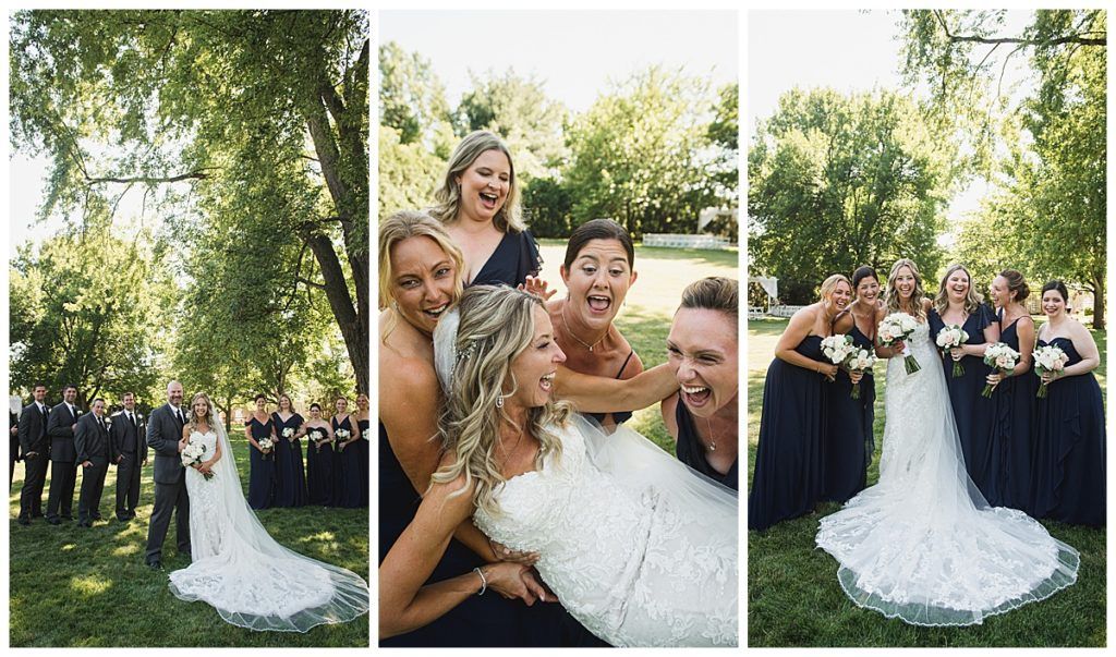 Wedding triptych: Bride poses with bridesmaids and groomsmen outdoors in sunny setting.