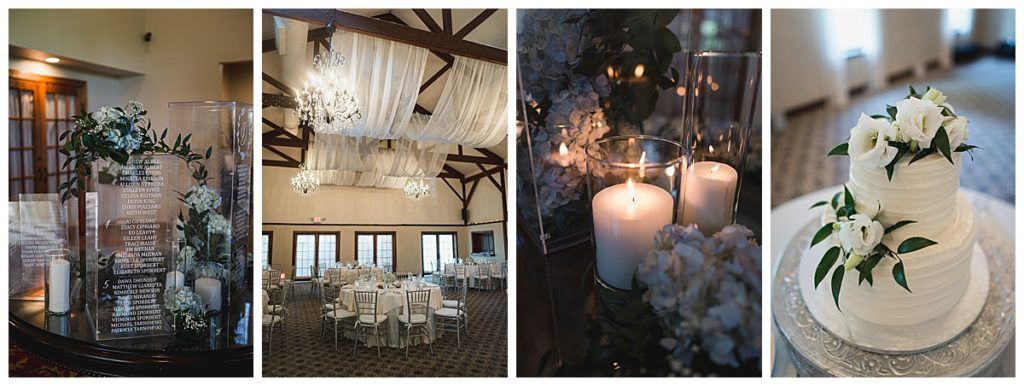 Wedding decor: floral centerpieces, draped ceiling, candles, white cake with flowers.