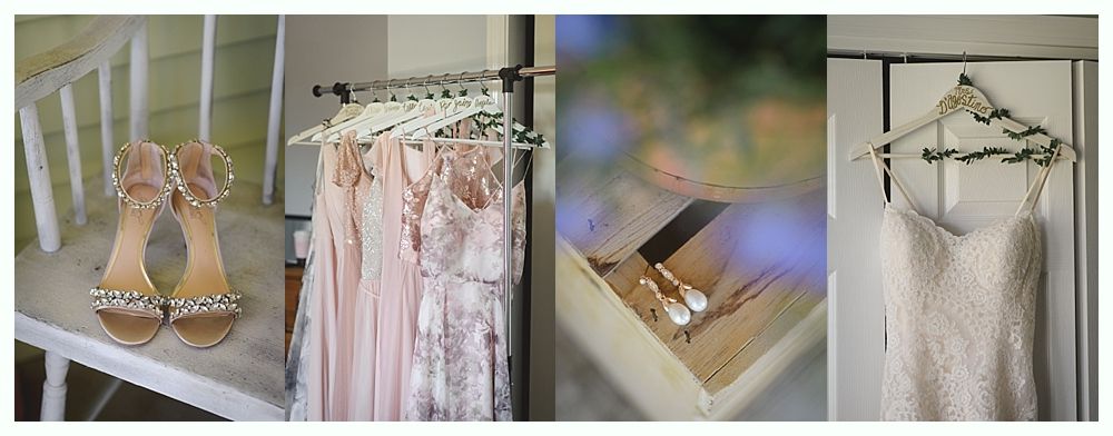 Wedding preparation details: shoes, dresses, jewelry, and a gown.