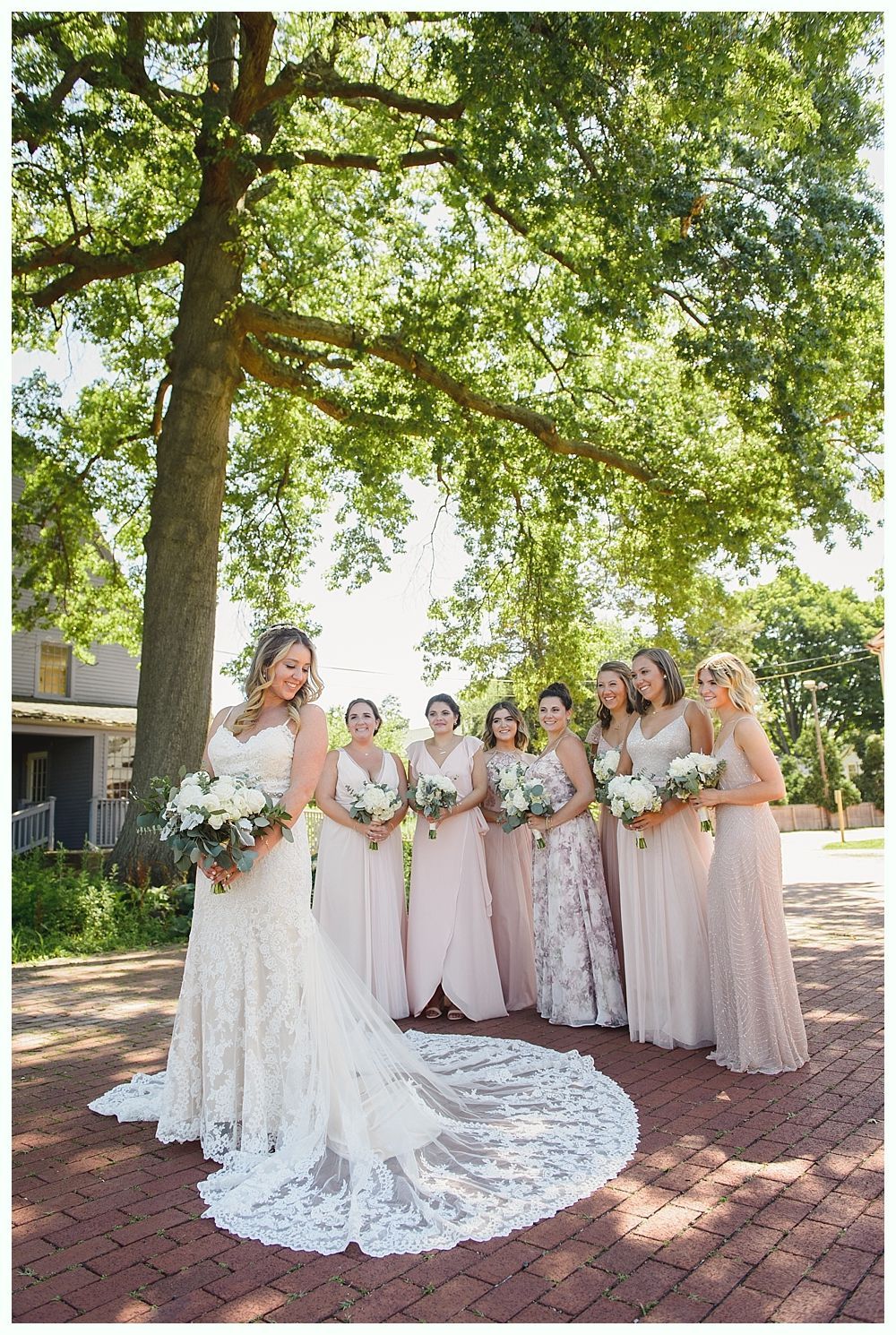 Bride in lace gown with bridesmaids in blush dresses posing outdoors.