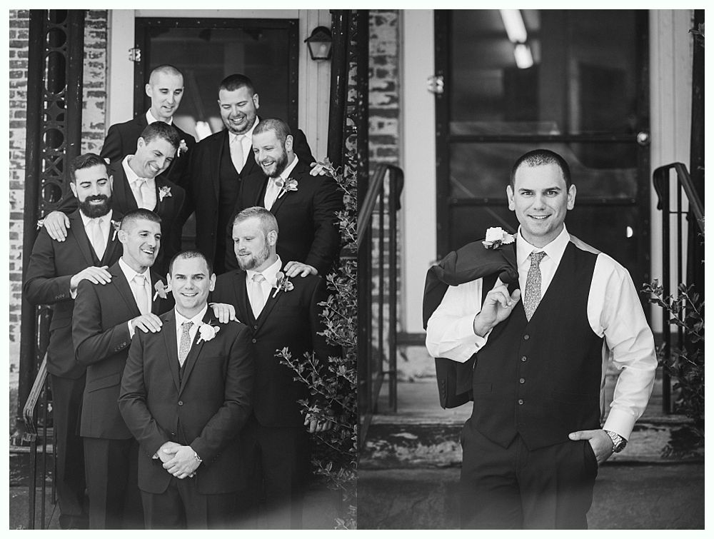 Two photos: a groom with groomsmen on steps; and a solo groom posing with coat over his shoulder.