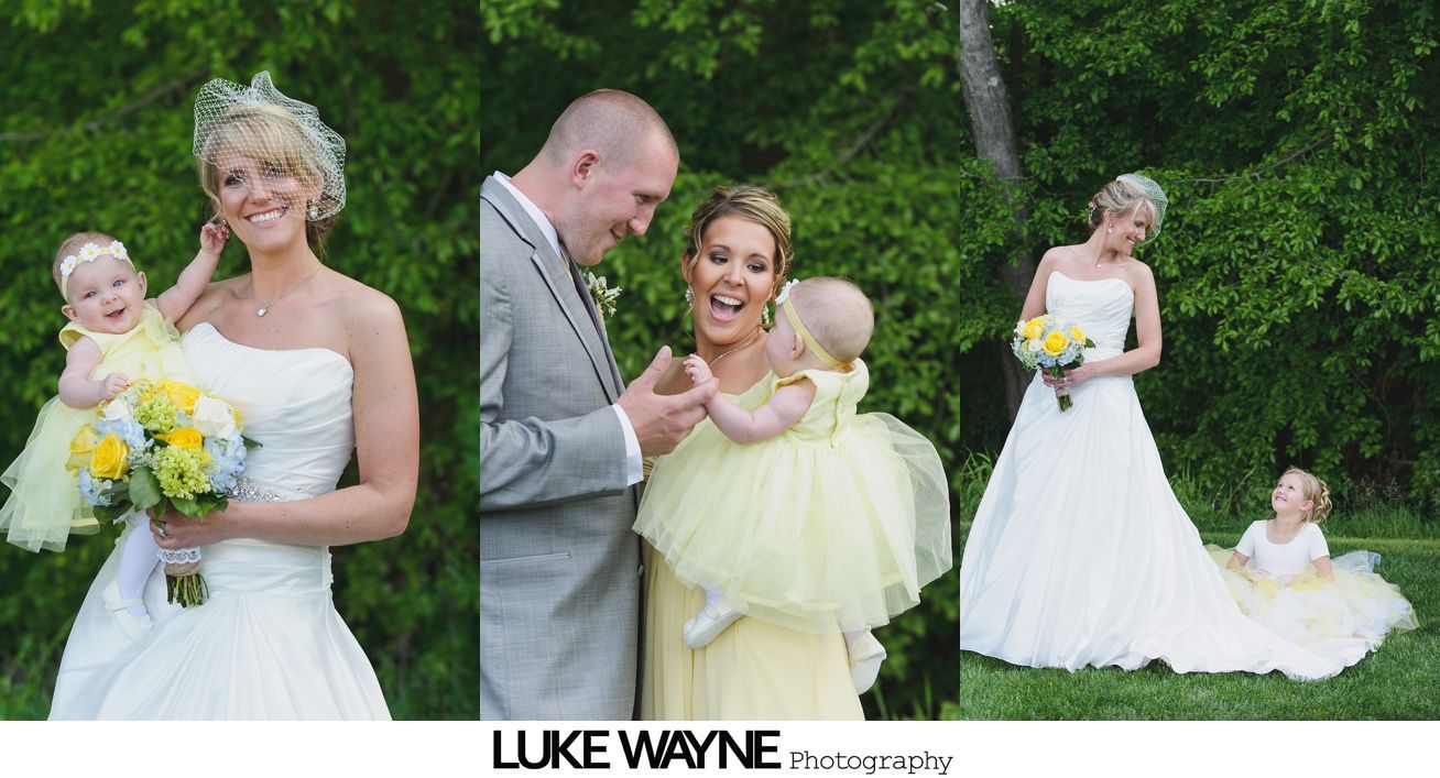 Wedding photos: Bride with baby in yellow dress, bride and groom, bride holding flowers in a garden.