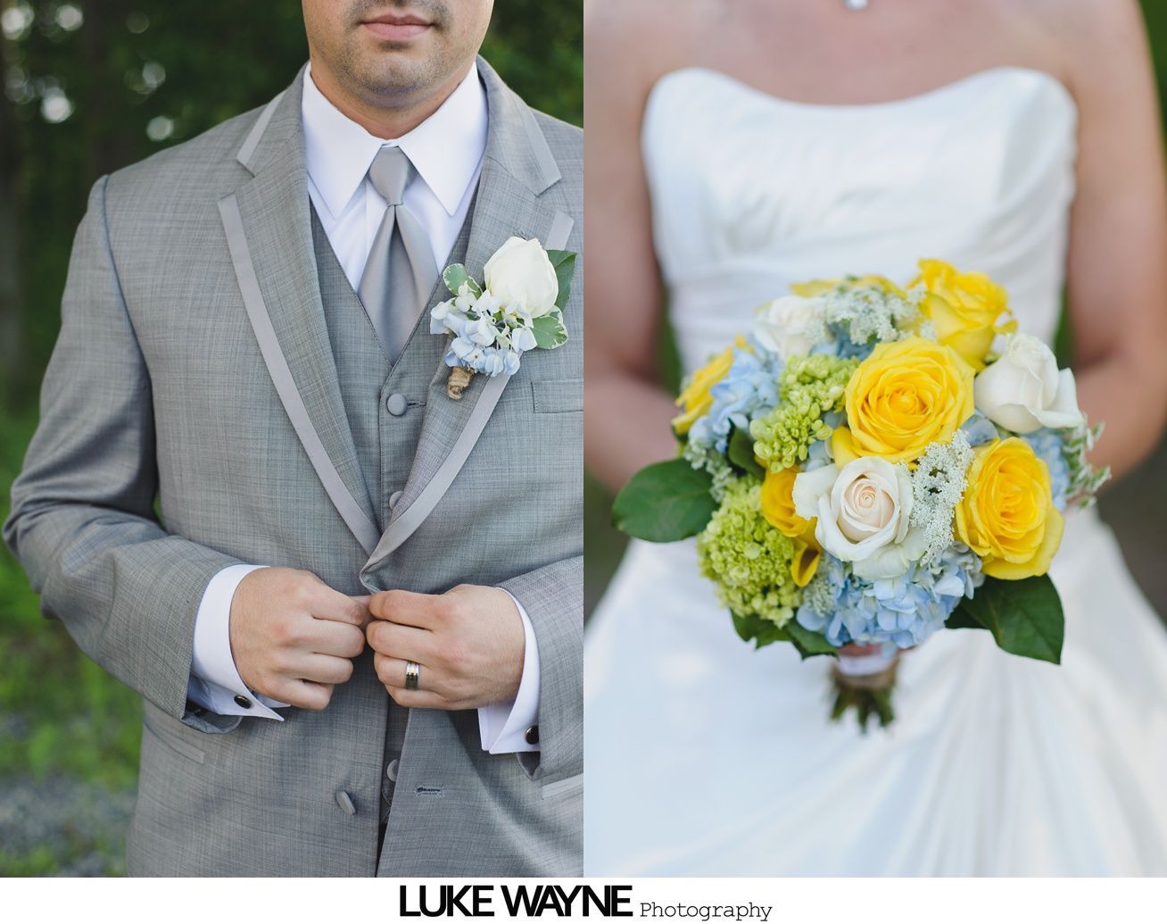 Groom in gray suit, bride holding bouquet of yellow, white, and blue flowers.