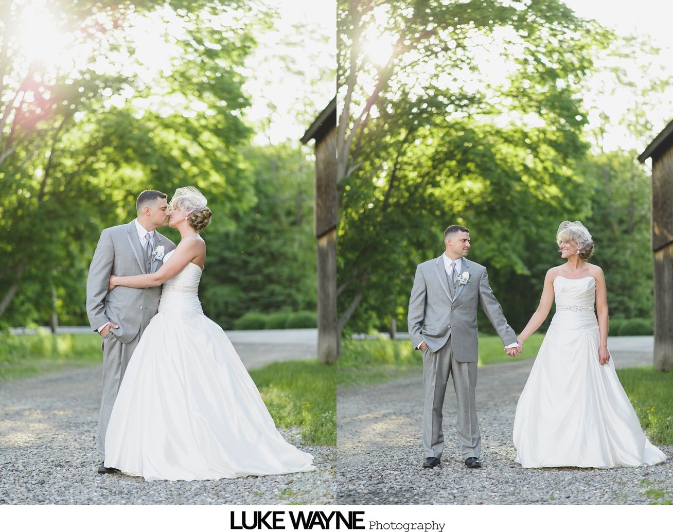 Two photos of a couple on their wedding day in front of trees and a building. They are wearing formal attire and are holding hands or kissing.