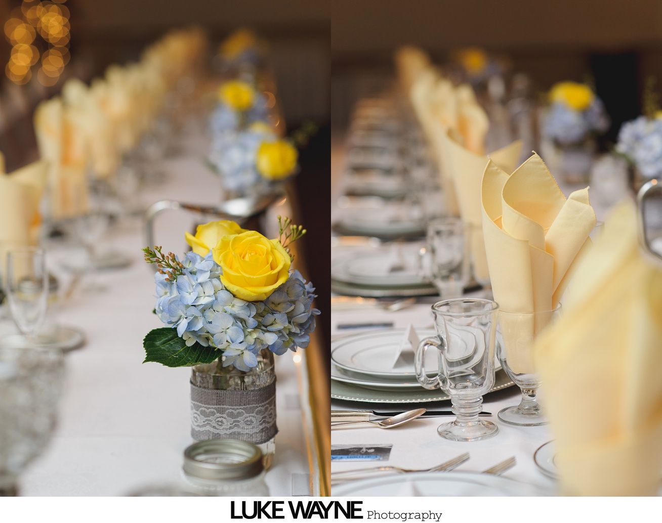 Wedding reception table setting with floral centerpieces, soft yellow napkins, and glassware.