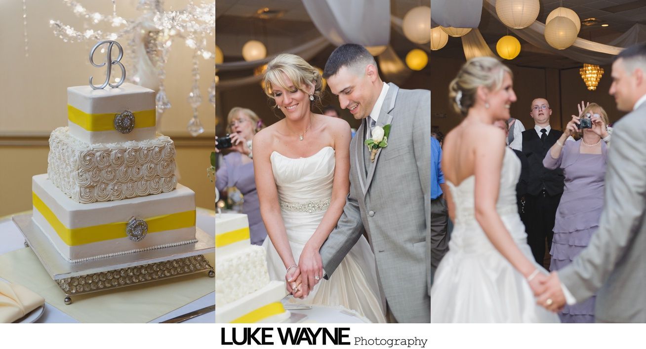 Wedding cake with yellow accents, bride and groom cutting cake, dancing.