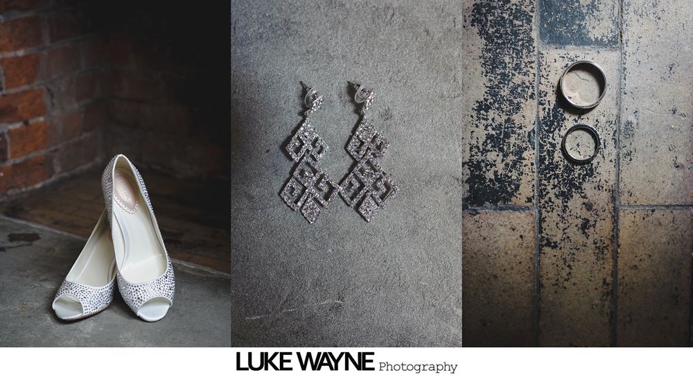 Triptych: Wedding shoes next to brick, dangling earrings on concrete, and decorative metal circles.