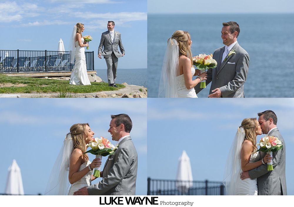 Wedding photos: Bride and groom by the water, exchanging vows, smiling, and kissing. Sunny day, blue sky.