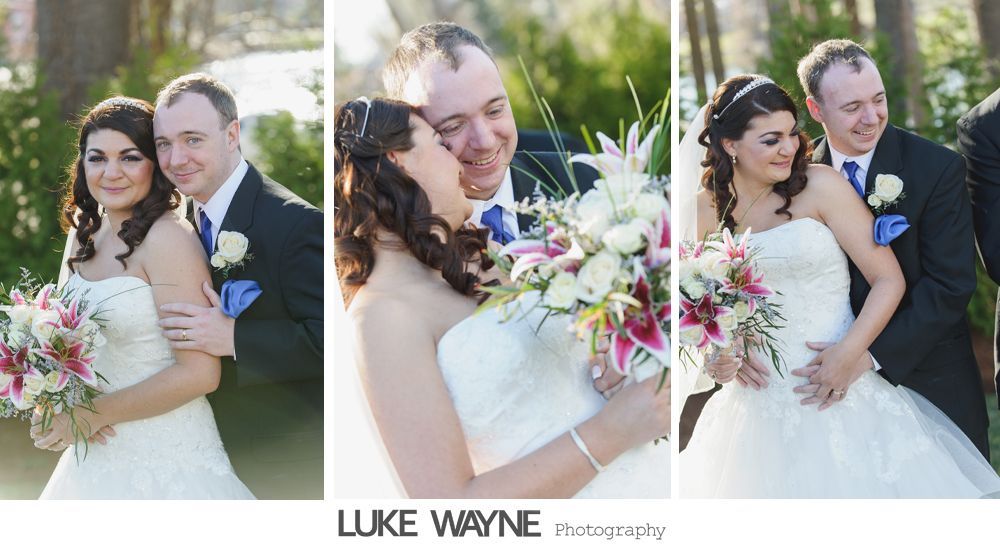 Bride and groom in wedding attire; the bride holds a bouquet, the groom smiles as they embrace outside.