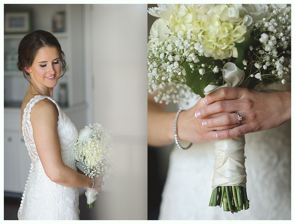 Bride in a white gown holding a bouquet of white flowers, smiling. Close-up of hands with ring holding bouquet.