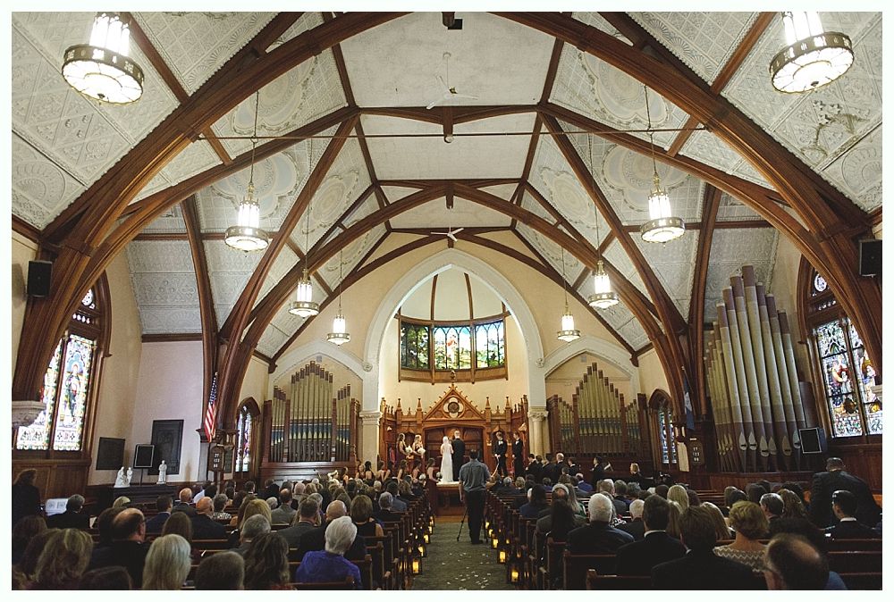Wedding ceremony in a church; guests seated, couple at altar. Ornate architecture, stained-glass windows, and organ.