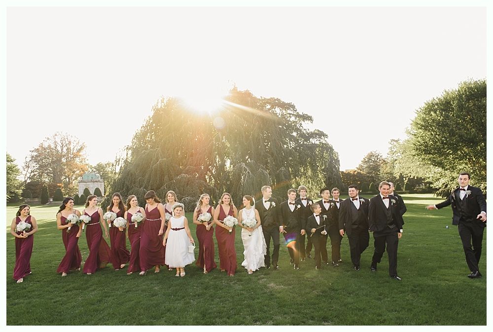 Wedding party on a grassy lawn. Bridesmaids in burgundy dresses, groomsmen in black tuxedos, and bride in white dress.