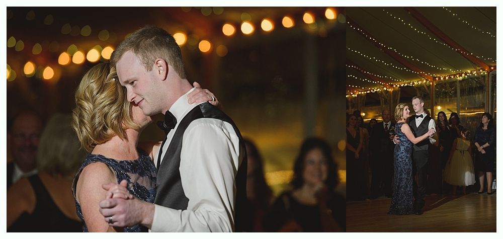 dances at a wedding reception, lit by string lights.