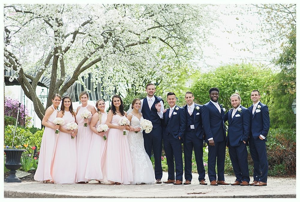 Wedding party posing outdoors; bride in white dress, bridesmaids in pink, groomsmen in navy suits, spring blossoms.