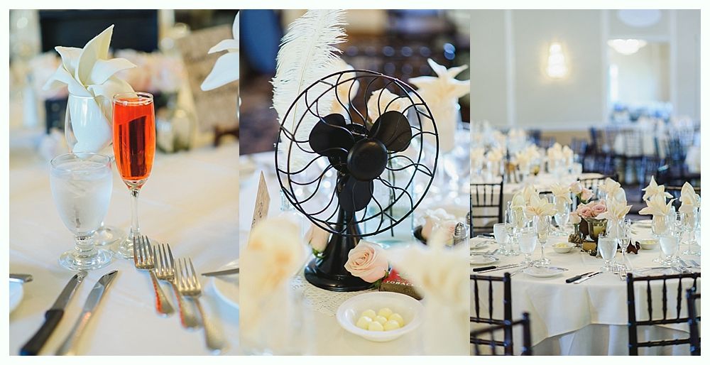 Elegant table settings with champagne and a vintage fan centerpiece.