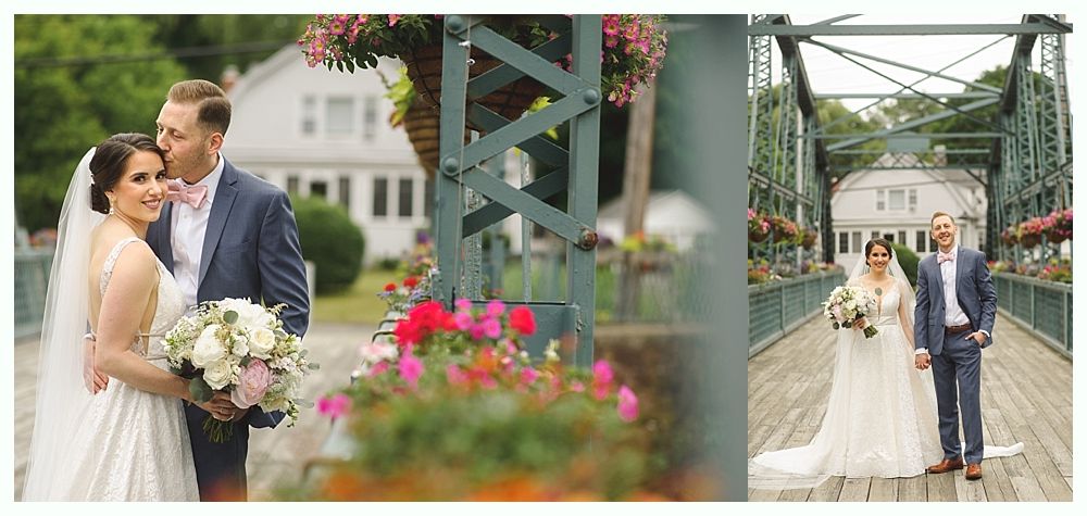 A newly married couple poses on a bridge and in front of a building; the woman wears a white gown, and the man wears a blue suit.