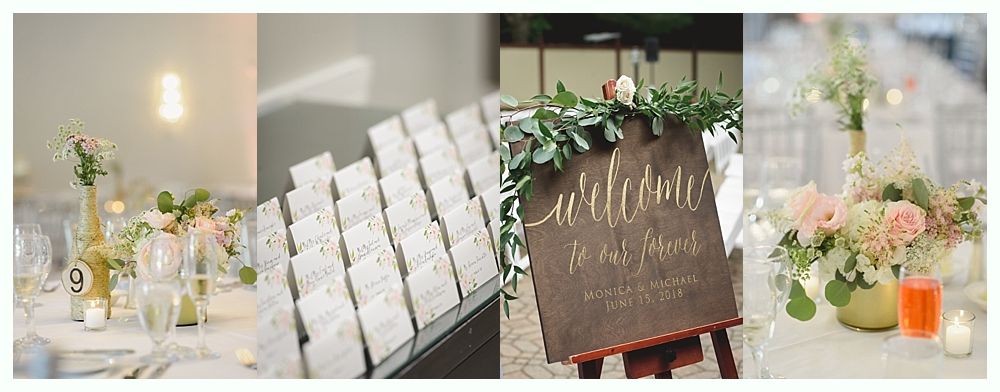 Wedding reception decor featuring floral arrangements, place cards, and a welcome sign.