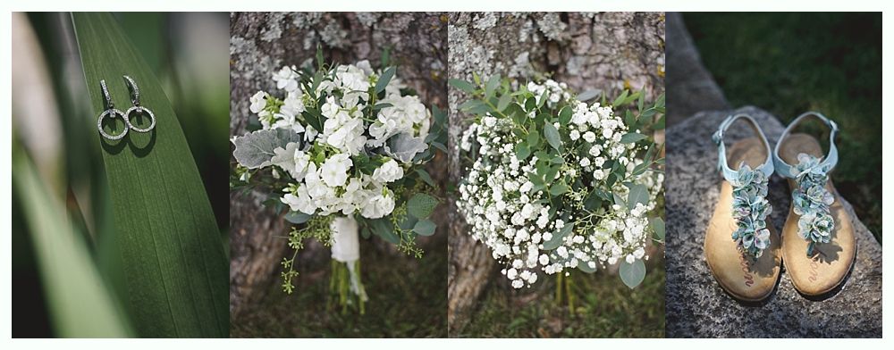 Wedding details: earrings, bouquets, and embellished sandals.
